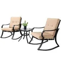 Solaura 3-Piece Outdoor Rocking Chairs Bistro Set Black Iron Patio Furniture Thickened Cushion & Glass-Top Coffee