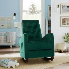 High Back Rocking Chair Nursery Chair with Thick Padded Seat &amp; Side Pockets, Green