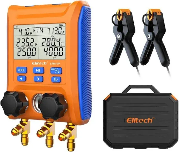 Elitech LMG-10 Refrigeration Heat Pump Digital Manifold Gauge Set, High-Precision Pressure Temperature Vacuum Leakage Tester Dignostic Meter Kit