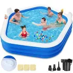 Inflatable Swimming Pool with Pump, 90" x 90" x 26" Kiddie Pool with SEATS and Headrests, Oversized Thickened Blow-Up Pool for Kids, Adults, Family,