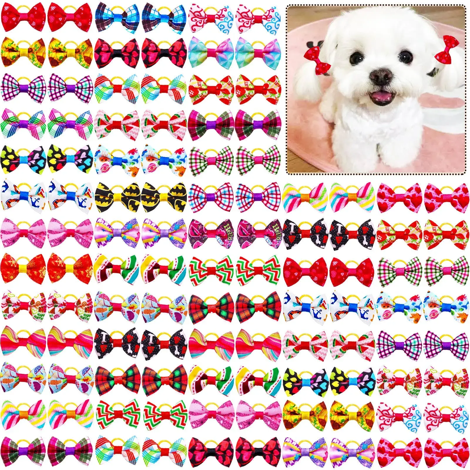 Mruq Pet 100Pcs Pet Dog Bows, Bulk Dog Hair Accessories Bows with Rubber Bands 1