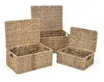 Trademark Innovations Set of 3 Rectangular Seagrass Baskets with Lids, Natural (Large)