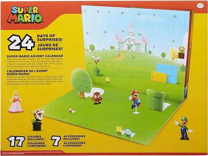 Nintendo Advent Calendar Super Mario Christmas Holiday Calendar with 17 Articulated 2.5” Action Figures & 7 Accessories, 24 Day Surprise Countdown with Pop-Up Environment [Amazon Exclusive]