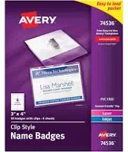  Avery Clip Style NAME BADGES 50 badges 3&#034; x 4&#034; with clips 74536