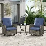 3-Piece Rattan Wicker Rocking Swivel Chair Set with Table - Blue