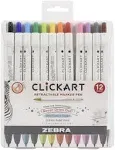 Zebra Clickart Porous Point Pen, Retractable, Fine 0.6 mm, Assorted Ink Colors, White Barrel, 12/Pack