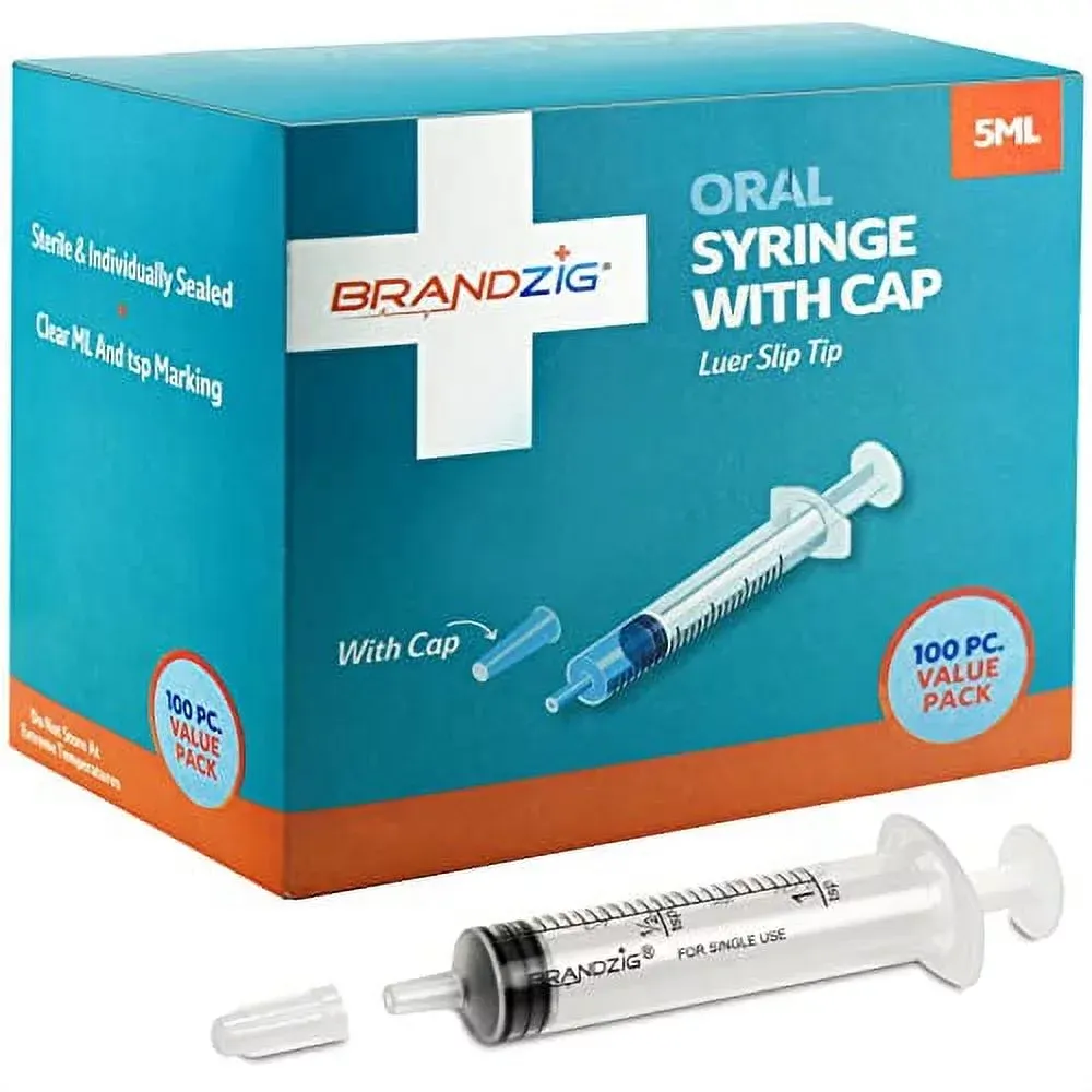 Brandzig 5ml Syringe with Cap (100 Pack) | Oral Dispenser Without Needle, Luer Slip Tip, | Individually Wrapped Medicine Dropper for Infants & Pets