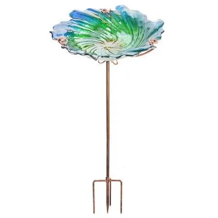 MUMTOP Glass Bird Bath Outdoor Birdbaths Garden Birdfeeder with Metal Stake Green, Height:26inch