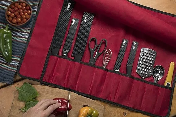 Asaya Canvas Chef Knife Roll Bag - 10 Knife Slots and a Large Zipper Pocket - Durable 10oz Canvas Knife Case with an Adjustable Shoulder Strap - Knives not Included (Red)