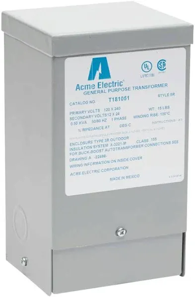 Acme Electric T181051 Buck-Boost Transformer, 1 Phase, 60 Hz, 0.50 kVA, 120 x 240V Input, 12/24V Output, Steel