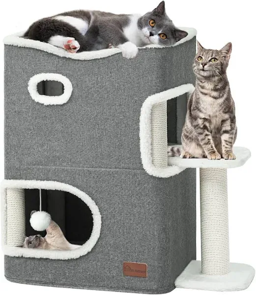 YIATHOME 2 Storey Cat House, Cat Beds for Indoor Cats, Small Cat Condo with Scratch Post and Hideaway Cave, Modern Cat Cube Playhouse for Multi Kittens, Extended Style, Grey