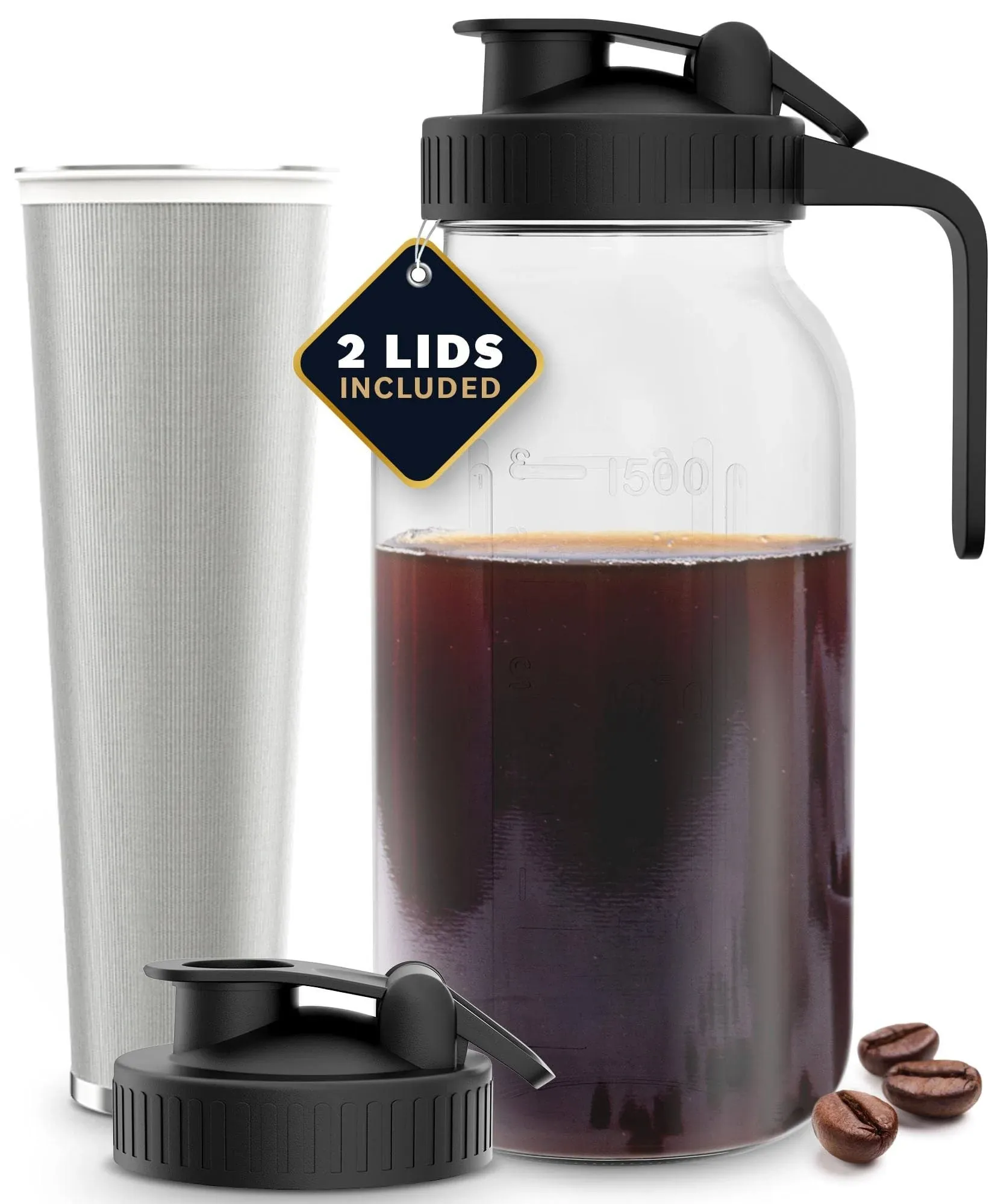 Cold Brew Mason Jar iced Coffee Maker, Durable Glass, - 64 oz (2 Quart / 1.9 Lit