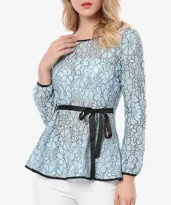 Allegra K Women's Elegant Tie Waist Long Sleeve Top Lace Peplum Blouses