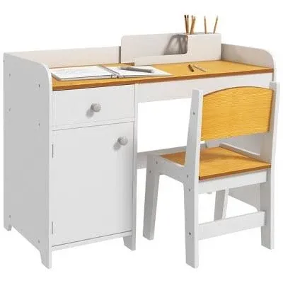 Qaba Kids Desk and Chair Set with Storage, Study Desk with Chair, White