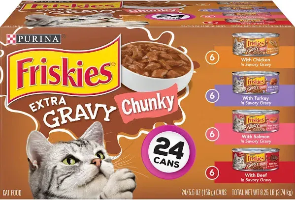 Purina (24 Pack) Friskies Gravy Pate Wet Cat Food, Extra Gravy Pate with Chicken in Savory Gravy, 5.5 oz. Cans