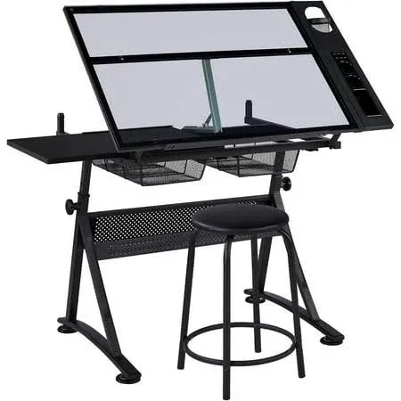 Yaheetech Drafting Table w/Stool Height Adjustable Multifunctional Art Craft Artists Desk Tilting Glass Tabletop Diamond Paintings Work Station w/2 Storage Drawers for Home Office