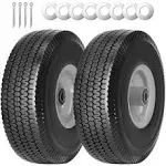 4.10/3.50-4 Tire and Wheel Flat Free, 10x3.50-4''Solid PU Run-Flat Rubber Wheel with 5/8''Axle Bore Hole&2.2''Offset Hub for Hand Truck Wagon Garden Cart Dolly Wheelbarrow Replacement 2Pack