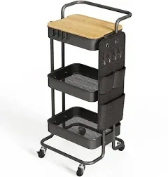 3 Tier Metal Utility Rolling Cart with Table Top and Side Bags, Tray Storage Org