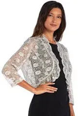 R&amp;M RICHARDS SIZE Large Ivory Sequins Floral Open Wrap Nylon Blend Scallop