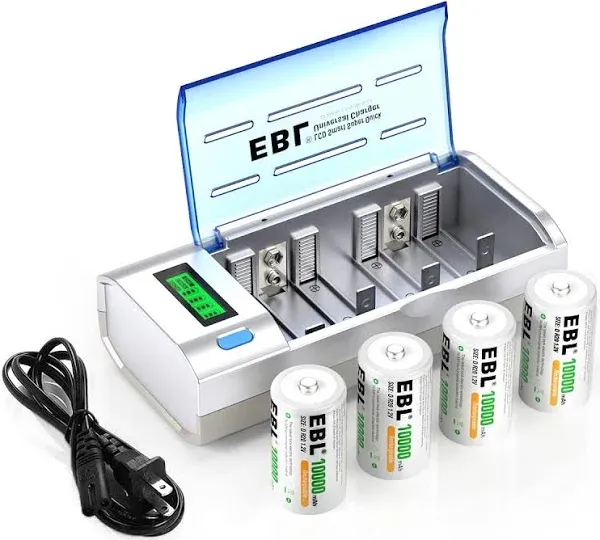 EBL D Cells 10000mAh Rechargeable Batteries (4 Counts) with C D 9V AA AAA Battery Charger