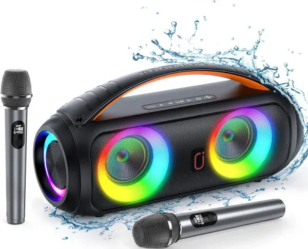 JYX Waterproof Bluetooth Speaker with Wireless Microphones, Portable Karaoke Speaker Singing Machine with RGB Light, Outdoor Party Speaker for Beach Pool, Support TF Card, AUX, U Disk