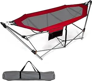 Giantex Portable Folding Hammock, Lounge Camping Bed with Hammock Stand, Indoor & Outdoor Hammock w/Side Pocket, Anti-tip Buckles & Iron Stand for Camping Outdoor Patio Yard Beach (Red)