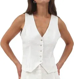 Amazhiyu Womens Pure Linen Sleeveless Button Down Crop Top V Neck Waistcoat Vest