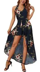 Kormei Womens Sleeveless Scoop Neck Floral Rayon Party Split Maxi Romper Dress