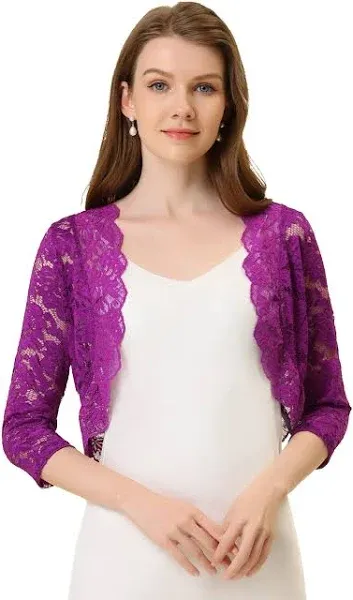 Allegra K Women's Elegant 3/4 Sleeve Sheer Floral Lace Open Front Crop Shrug