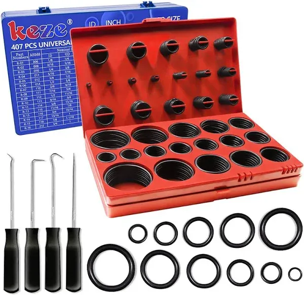 KEZE 826 Pcs Universal SAE and Metric O-Rings Kit,Standard 32 Metric & Inch Sizes O ring Assortment in 2 Box with 4 Piece Pick and Hook for Automotive Faucet Hydraulics Hose Air and Gas Sealing Repair