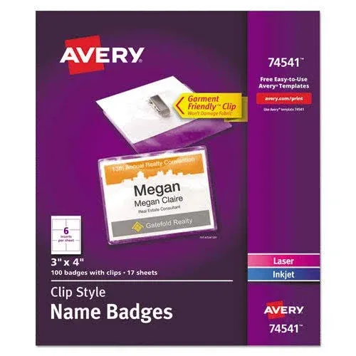 Avery - Clip-Style Name Badge Holder with Laser/Inkjet Insert, Top Load, 4 x 3, White, 100/Box