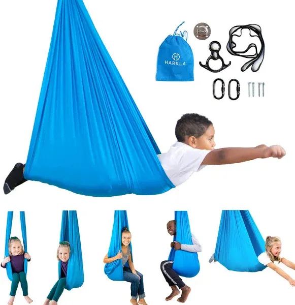 Harkla Sensory Swing for Kids & Adults - Holds 300lbs, Indoor Outdoor Sensory Swing for Hug Like Calming Effect - Double Layered Soft Fabric and Heavy Duty Hardware (Blue Swing)