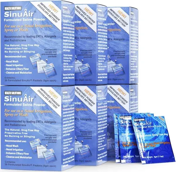 SinuAir Sinus Rinse Salt Solution - Saline Powder for SinuPulse System, Neti Pot Flush, Nasal Wash Squeeze Bottle, & Nose Irrigation, Enhanced