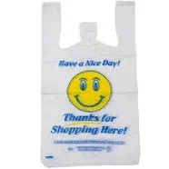 Easy Opening White Happy Face/Smiling Face HDPE T-Shirt Plastic Bags - 1/8 BBL 10"X5"X18" - 700 Bags - 16 microns - White