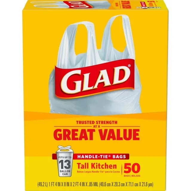 Glad Tall Kitchen Handle-Tie Trash Bags - 13 Gallon White Trash Bag - 50 Count, Package May Vary