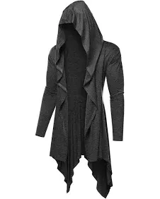 COOFANDY Long Hooded Cardigan Ruffle Shawl Collar Open Front Lightweight Drape Cape Overcoat with Pockets