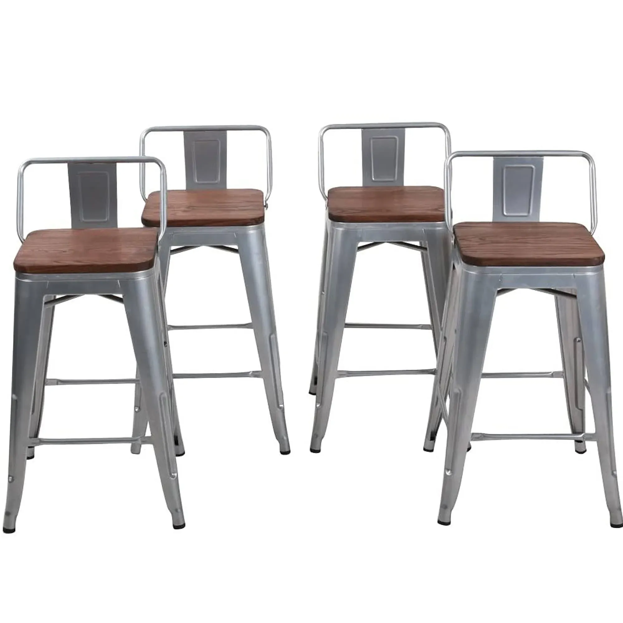 Andeworld Metal Bar Stools Set of 4 Kitchen Counter Stools Bristro Barstools Industrial Bar Stools（24inch Silver with Wooden Seats）