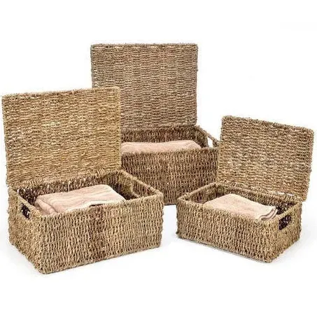 Trademark Innovations Set of 3 Rectangular Seagrass Baskets with Lids, Natural (Large)