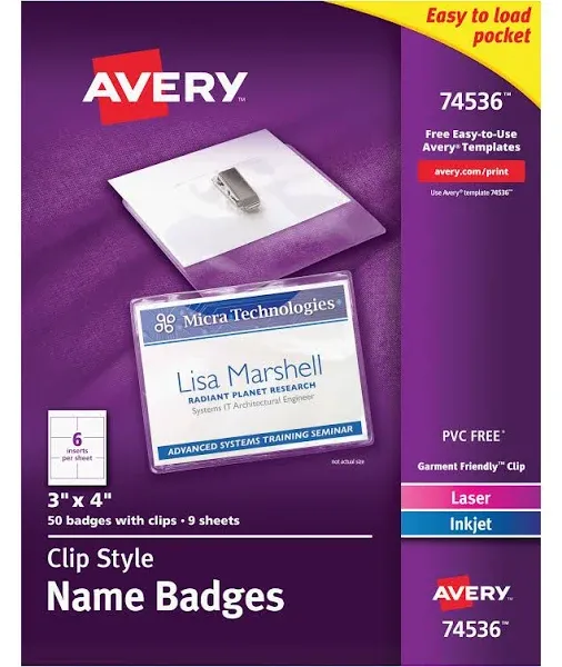 Avery Top-Loading Garment-Friendly Clip-Style Name Badges, 3" x 4", 50 Badges (74536)