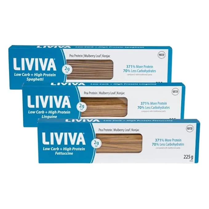 Liviva Keto, Low Carb & High Protein Pasta Variety Pack - 1 Linguine, 1 Fettuccine, 1 Spaghetti, Pea Protein, Mulberry Leaf & Konjac - 225g, 27g Protein, 8g Net Carbs Each