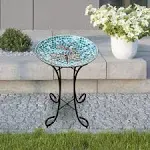 Alpine Mosaic Glass Birdbath with Metal Stand - Dragonfly Duo, 18"