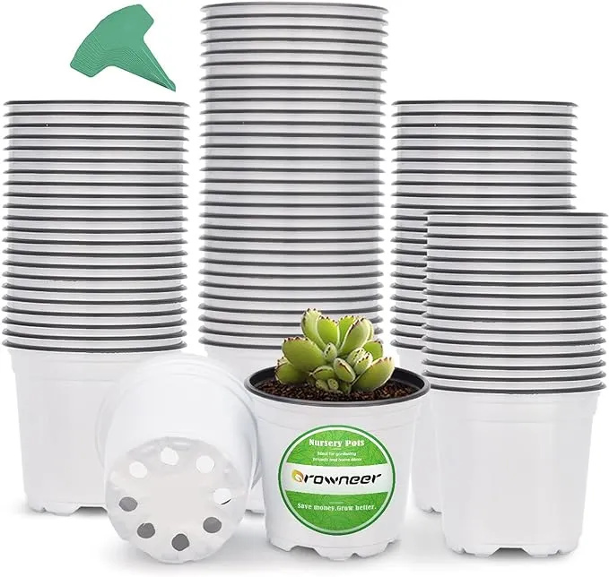 GROWNEER 120 Packs 4 Inch Plastic Plant Nursery Pots with 15 Pcs Plant Labels, Seed Starting Pot Flower Planting Container for Succulents, Seedlings, Cuttings, Transplanting, White