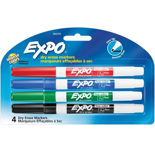 Expo Low Odor Dry Erase Markers, Fine Tip, Assorted, 4/Pack (86674) | Staples