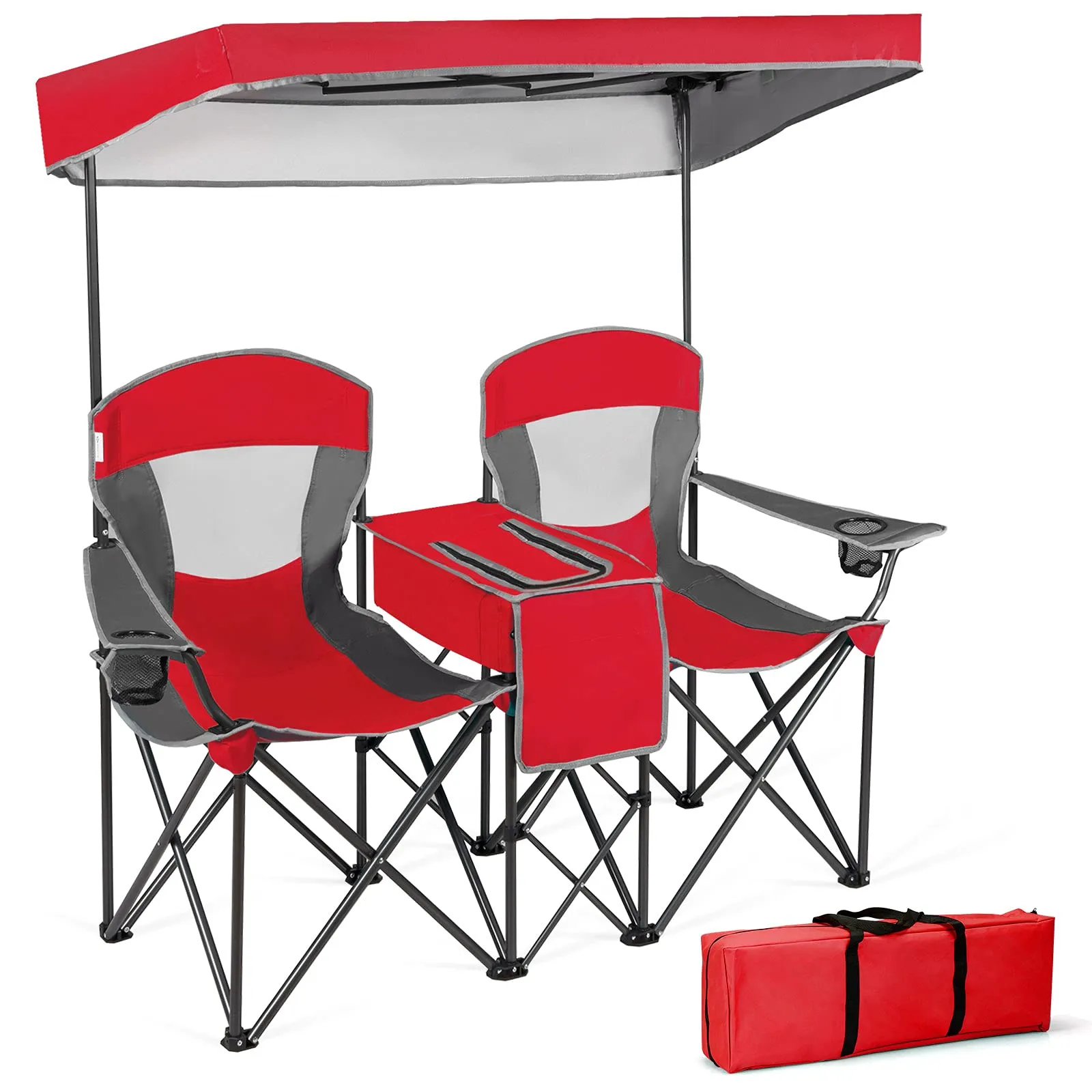 Folding Camping Chairs Portable Seat Canopy Sun Shade Beach Chair W/ Cup Holder