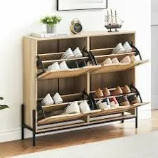 IDEALHOUSE Natural Rattan 4 Flip Door Shoe Cabinet Organizer