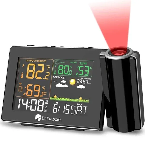 Dr. Prepare Projection Alarm Clock, Adjustable Projection Focus, Wireless Indoor