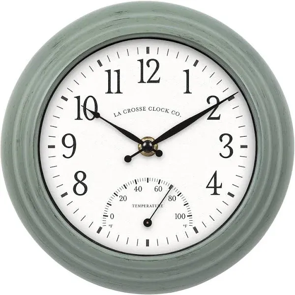 8-Inch Indoor/Outdoor Quartz Wall Clock Temperature Sage Green