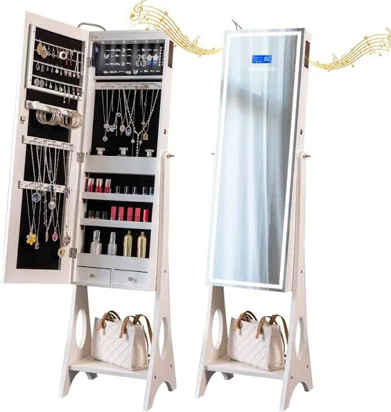 Upgraded Jewelry Armoire Organizer with Bluetooth Speaker, Stand Jewelry Cabinet with Lighted Full Length Mirror,Standing Jewelry Armoire with magnetic lock,Jewelry Storage Mirror White