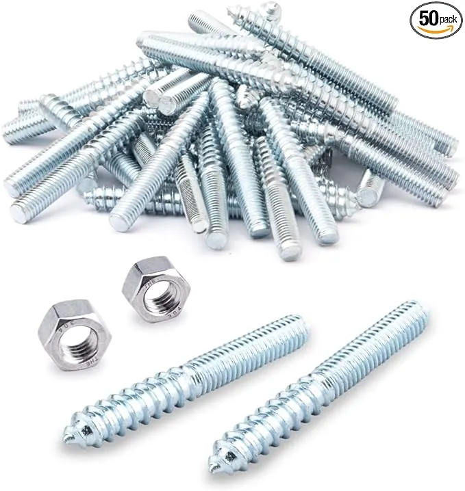 POWERTEC QHB1002 Hanger Bolts 1/4-20 x 1-1/2 Inch, 50 Pack with 2 Piece Bolt Installation Hex Nuts