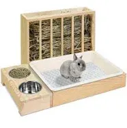 3 in 1 Rabbit Hay Feeder Litter Box Wood Mess Proof Guinea Pig Chinchillas